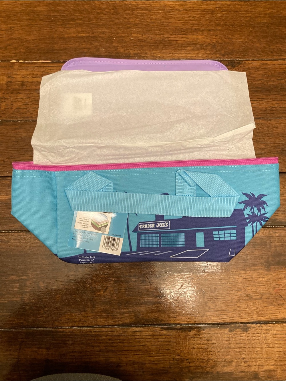 Trader Joe's ice blue with pink zipper Mini Insulated Tote bag